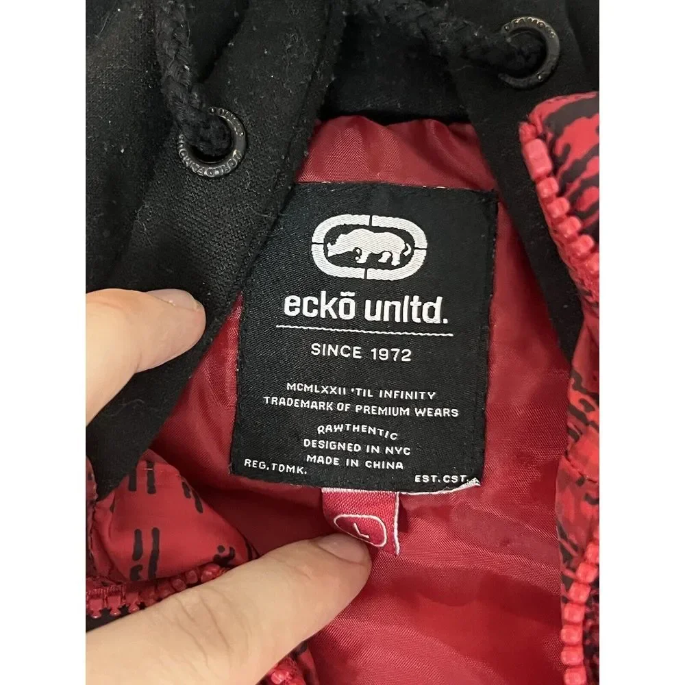 Vintage Y2K Ecko Unltd Puffer Hoodie Vest Mens Large‎ Red Tiger Camo Black Skate